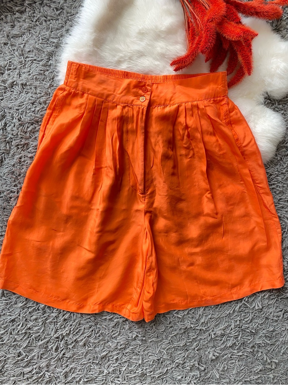 Vintage PASHA Bright Orange Silk High Waisted Pleated Shorts